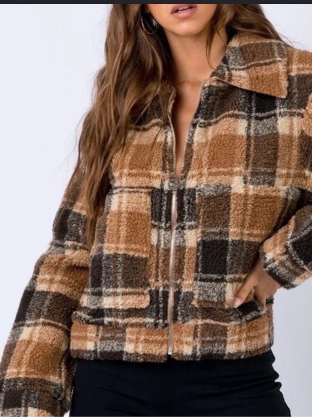 Princess Polly plaid teddy bear texture collared jacket